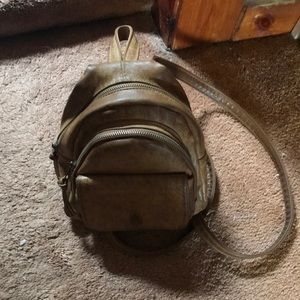 Small mini light brown faux leather purse backpack